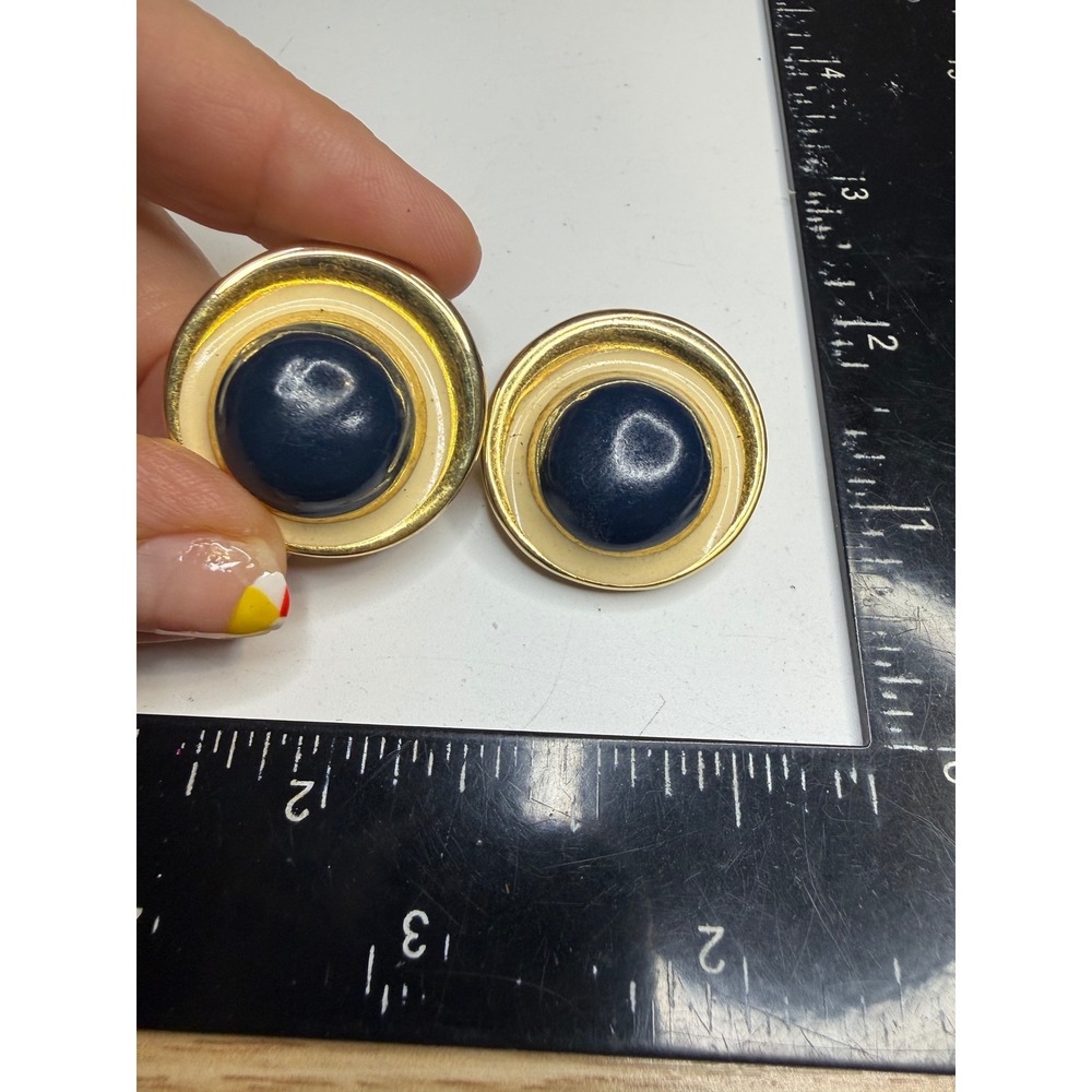 Vintage Navy Blue Cream Enamel Gold Tone Round Clip On Statement Earrings